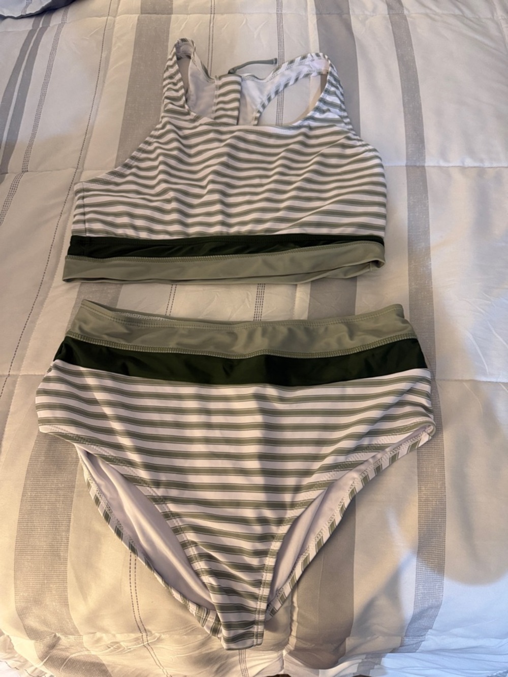 Striped Olive & White Two-Piece Bikini Set
